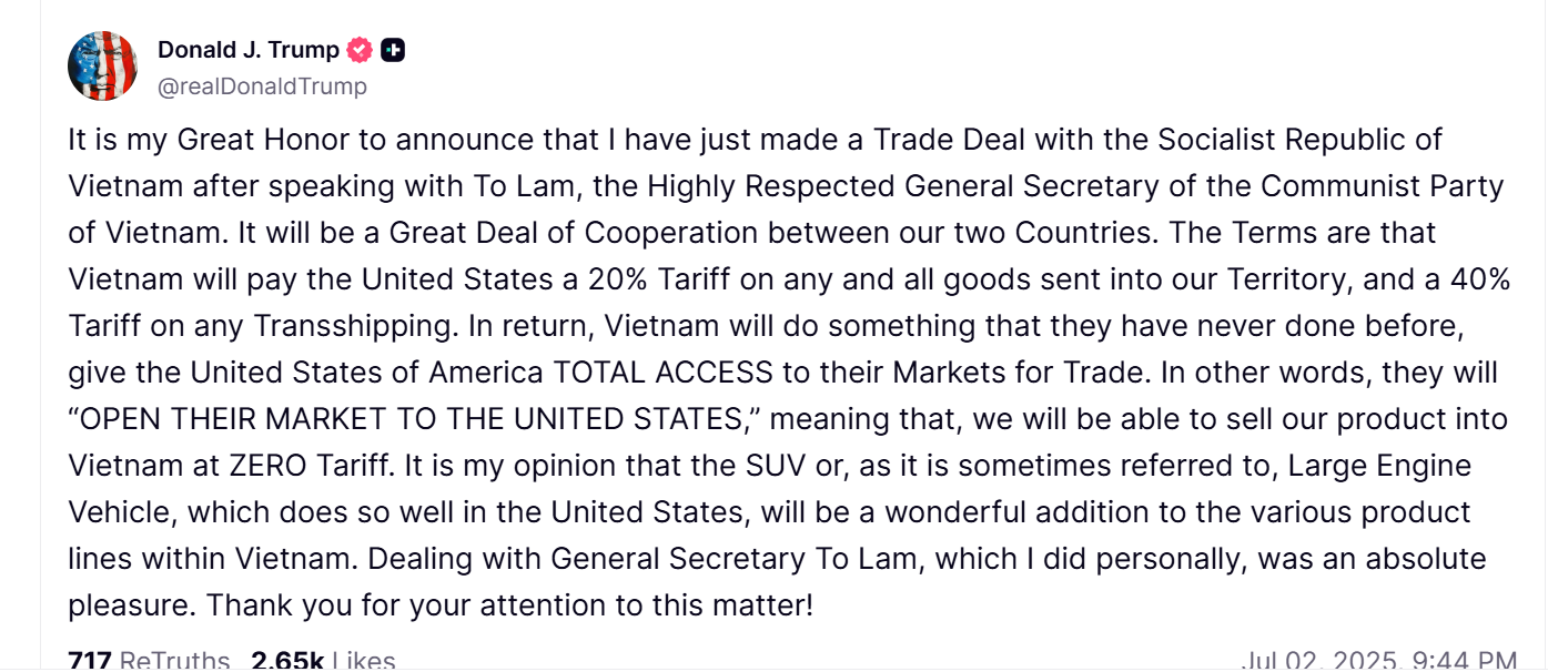 Ông Trump nói về thỏa thuận thương mại với Việt Nam 2