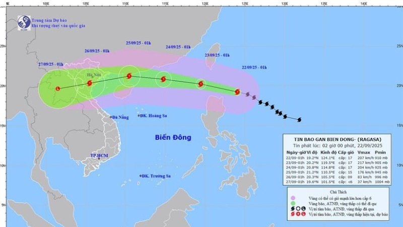 Bản đồ dự báo quỹ đạo và cường độ siêu bão Ragasa phát lúc 2 giờ ngày 22/9.
